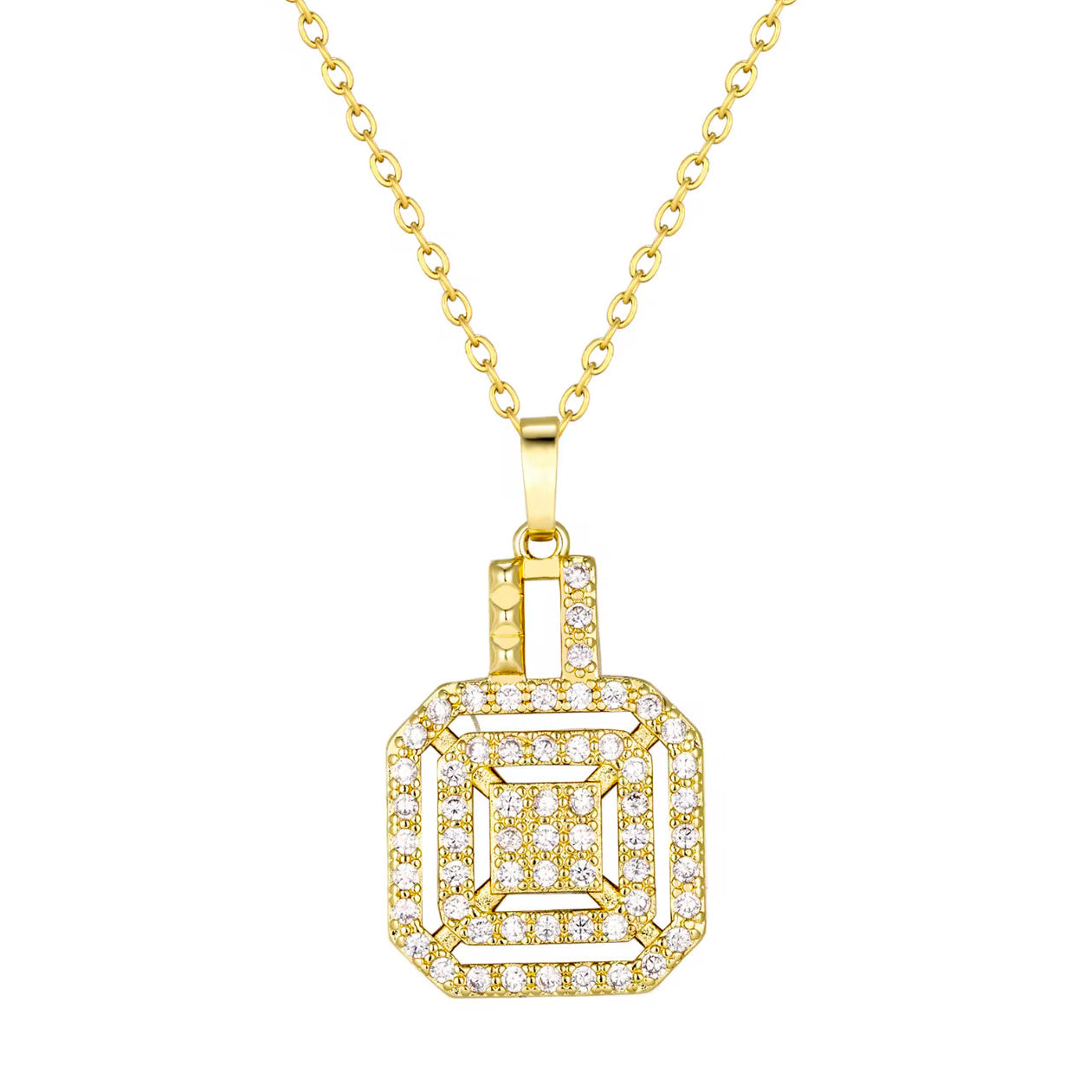 Conjunto de Pulsera, Collar y Anillo de Latón en Oro de 14K con Circón Cuadrado