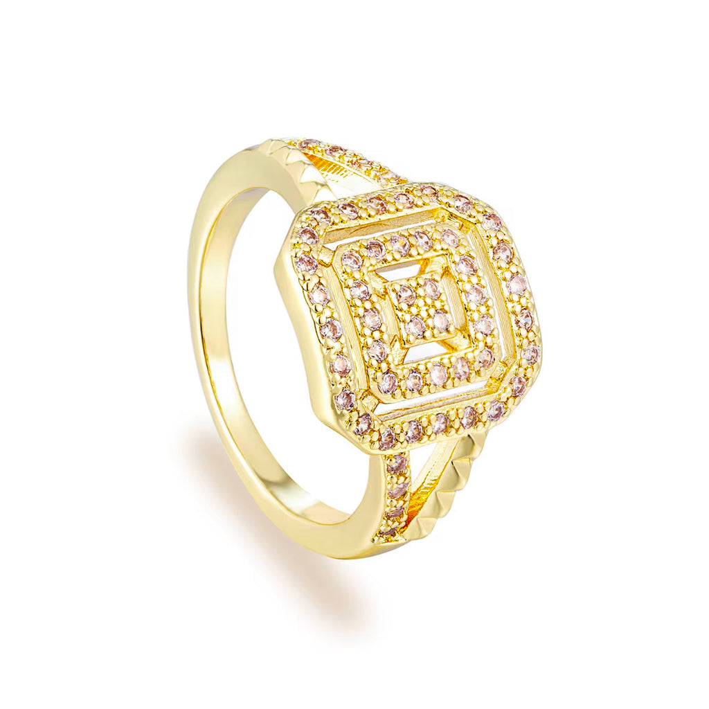 Conjunto de Pulsera, Collar y Anillo de Latón en Oro de 14K con Circón Cuadrado