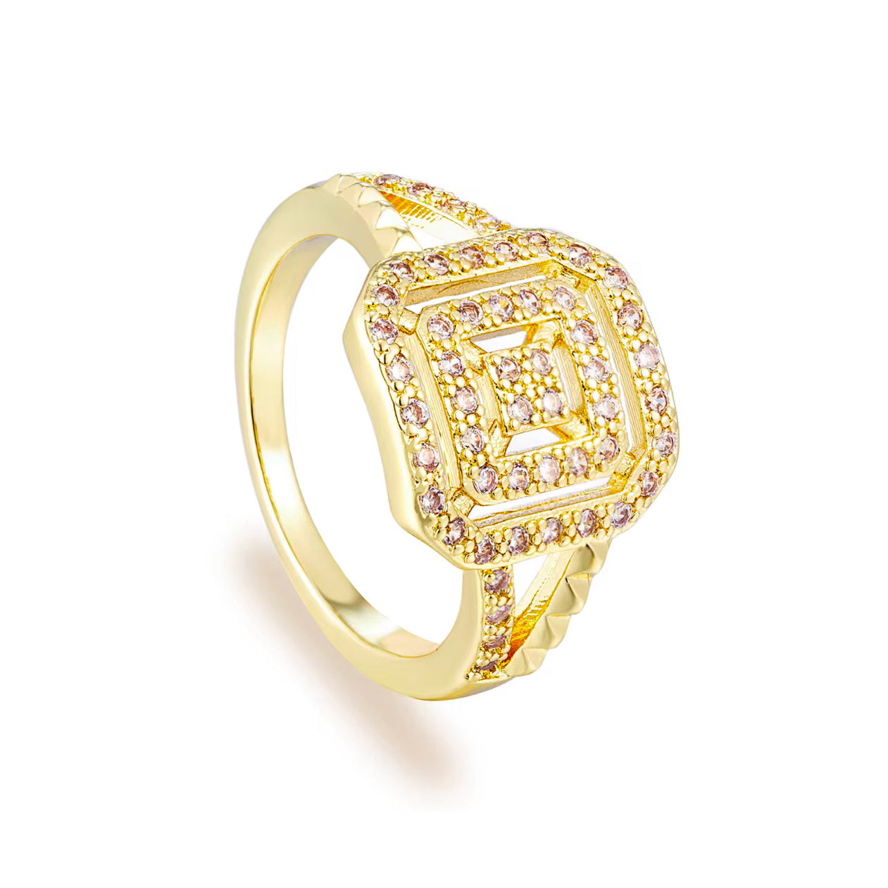 Conjunto de Pulsera, Collar y Anillo de Latón en Oro de 14K con Circón Cuadrado
