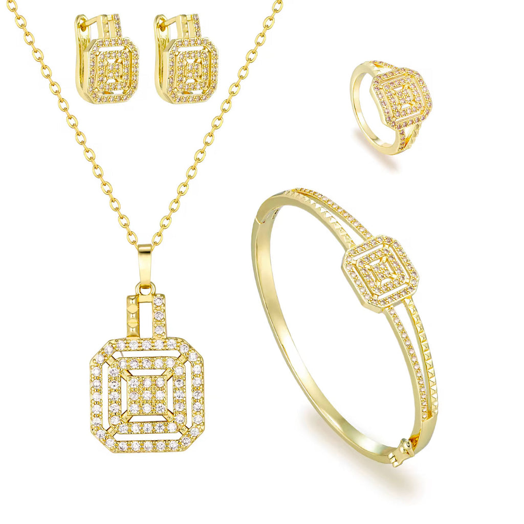 Conjunto de Pulsera, Collar y Anillo de Latón en Oro de 14K con Circón Cuadrado