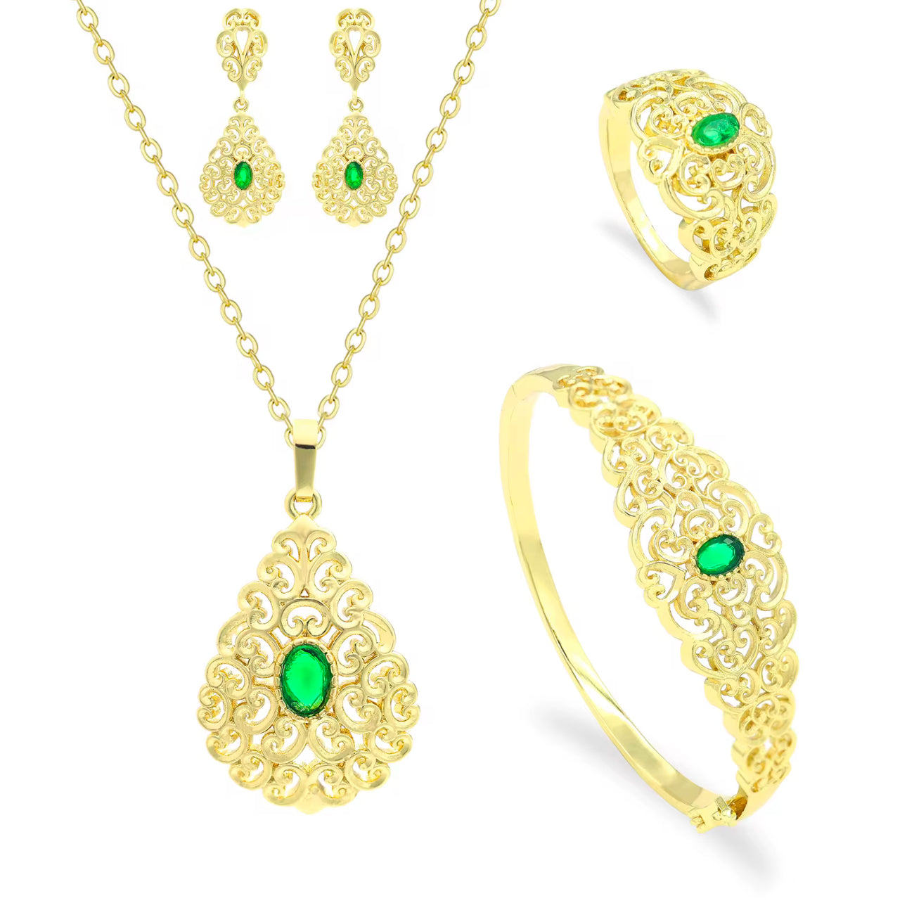 Conjunto de Joyería de Cuatro Piezas en Oro de 14K con Circón Verde